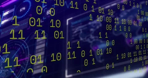 On play, binary digits scrolling across dashboard, revealing map and gauges, Stock Footage 328485978