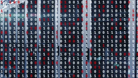 On play, binary overlay scrolling over racks, digits flickering red, blue flares 库存影片 331227146