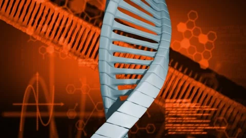 On play blue 3D DNA helix rotating down twisting while code hexagons waveform Stock Footage 328685616