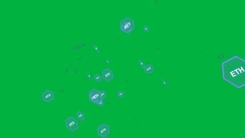 On play blue token cluster expanding, rotating, ETH labels drifting up, showing Stock Footage 329531906