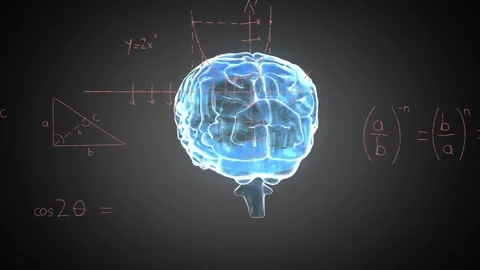 On play brain model rotating clockwise while pink math sketches appearing, Stock Footage 330379837