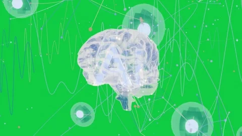 On play brain rotating, nodes orbiting, waves oscillating, visualizing neural Stock-Footage 337173060