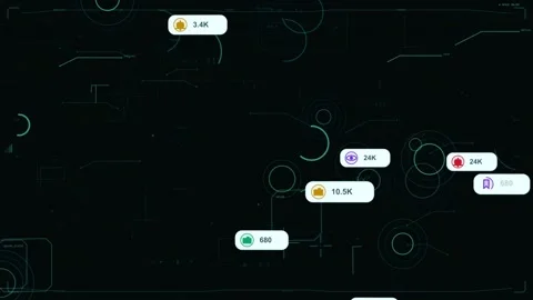 Play bubble appearing triggers notifications sliding and clustering on dark HUD Stock Footage 335404136