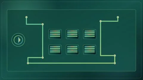 Play button with abstract interface and app icons on dark tech background Stock Illustration