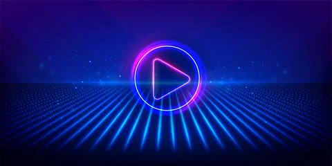 Play button on abstract purple and blue background. Multimedia, audio, video Illustrazione stock