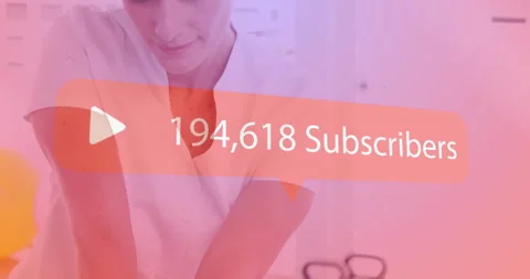Play button and 216,750 Subscribers animation over person in white shirt Stock Footage 305292390