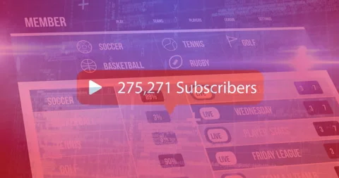 Play button and subscriber count over sports schedule and statistics animation Stock Footage 304010955