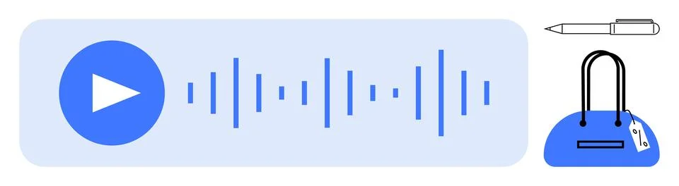 Play button with audio waveform in blue rectangle, black and white pen, blue  Stock Illustration