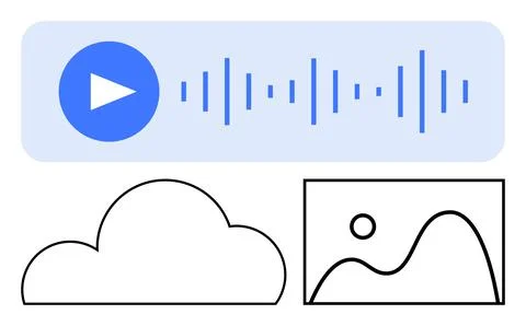 Play button with audio waveform, cloud outline, and mountain landscape image. Stock Illustration