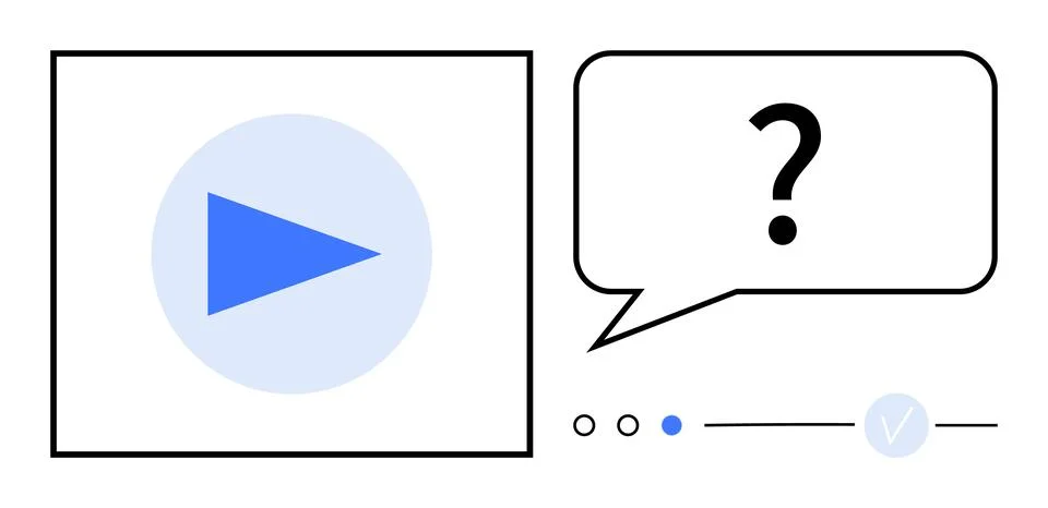 Play button with blue triangle in circle inside a square frame beside chat bu Stock Illustration