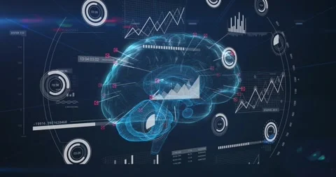 Play button causing hologram brain rotating while HUD gauges animating for Stock Footage 329533828