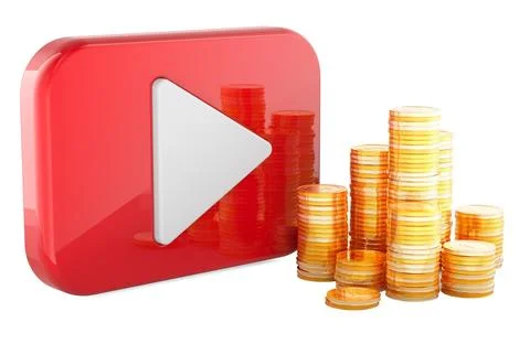 Play button with coin stacks. Video monetization and online income, concept.. Stock Illustration