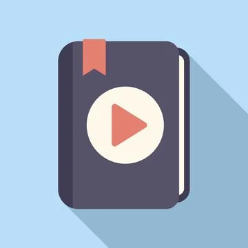 Play button on digital book icon flat vector. Listen audiobook Stock Illustration