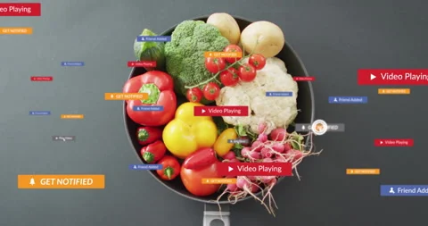 Play button fading over veg pan, tags sliding, cursor clicking activating Stock Footage 309680472