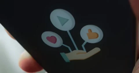 Play button, heart and thumbs up icons of social media, presentation Stock Footage 313439076