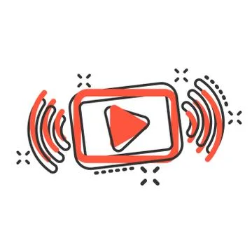 Play button icon in comic style. Streaming tv vector cartoon illustration on  Stock Illustration