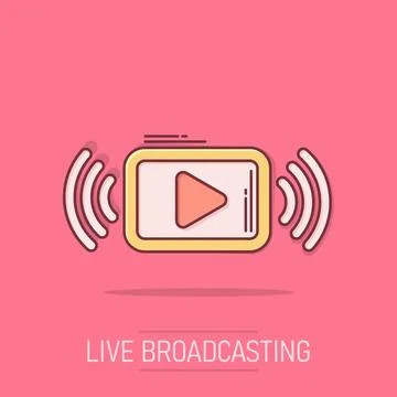 Play button icon in comic style. Streaming tv vector cartoon illustration o.. Stock Illustration