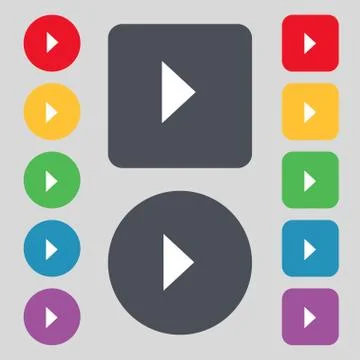 Play button icon sign. A set of 12 colored buttons. Flat design. Vector Stock Illustration