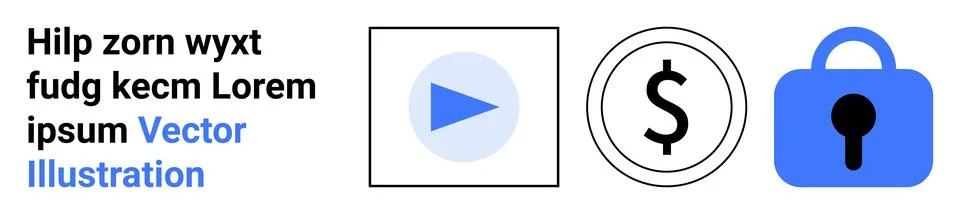 Play button inside a square, dollar sign in a circle, and blue lock icon next Stock Illustration