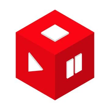Play button, pause, stop, isometric cube, red. Isolated on white background.  Stock Illustration