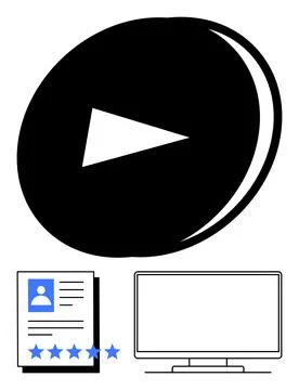 Play Button, Profile Card with Five-Star Rating, and Computer Monitor Repre.. Stock Illustration