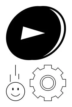 Play Button with Smile Face and Gear Technology, Creativity, and Productivity Stock Illustration