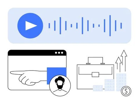 Play button with sound waves, pointing hand, user avatar, briefcase with asce Stock Illustration