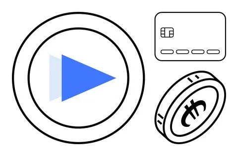 Play button within a circular border, credit card with chip, and cryptocurren Illustrazione stock