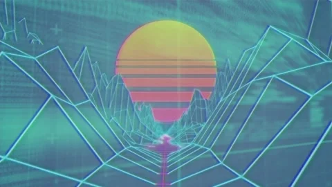 On play camera moving to sun magenta grid pulsing cyan wireframes scrolling code Stock Footage 329576049