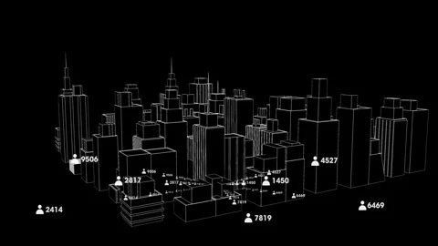 On play camera orbiting clockwise around wireframe city, revealing numeric user Vídeos de archivo 329703176