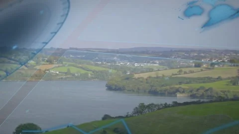 On play camera panning right tilting down, blue overlay sliding left revealing Video stock 329533561