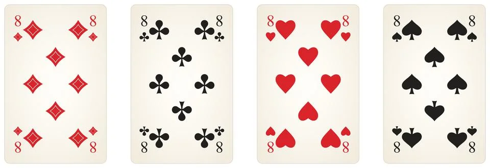 Play Card vector set with Number eight in diamonds, spades, clubs and Heart. Stock Illustration