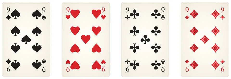 Play Card vector set with Number nine in diamonds, spades, clubs and Heart. Stock Illustration
