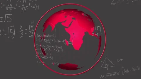 On play center red globe rotating revealing continents while chalk math growing Stock Footage 332296913