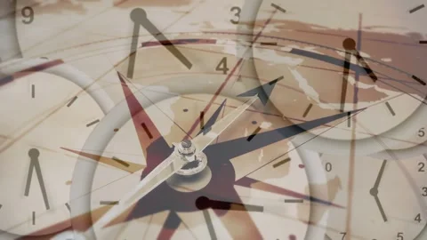 On play central pivot rotating clockwise while clocks crossfading, map revealing Stock Footage 334418738