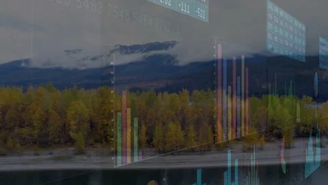 On play clear data overlay animating over river, bars shifting, spiral forming, Stock Footage 333873702