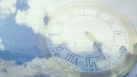 On play clock centering, gold hands advancing, clouds drifting showing time over Stock Footage 321099449