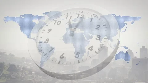 On play, clock hands advancing clockwise, showing time flow over dotted world Stock Footage 328330309