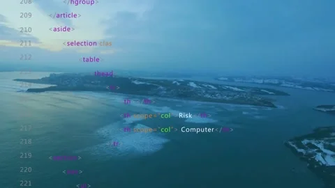 On play code overlay scrolling across sea, lines showing, headings listing Stock Footage 329751101