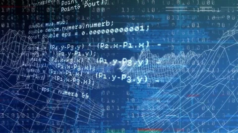 On play, code snippets and wireframe valley sliding and undulating, visualizing Stock Footage 334768491