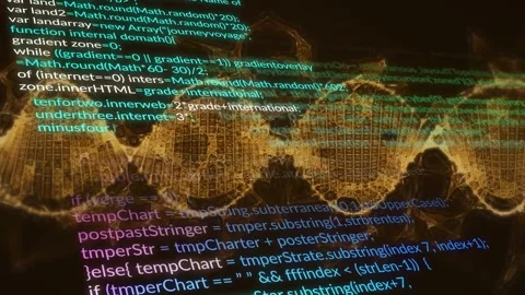 On play colored code scrolling upward, layering over golden mirrored waveform Stock Footage 333967884