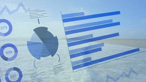 On play dashboard moving over ocean, rings cycling, pie rotating, bars growing Stock-Footage 333540239