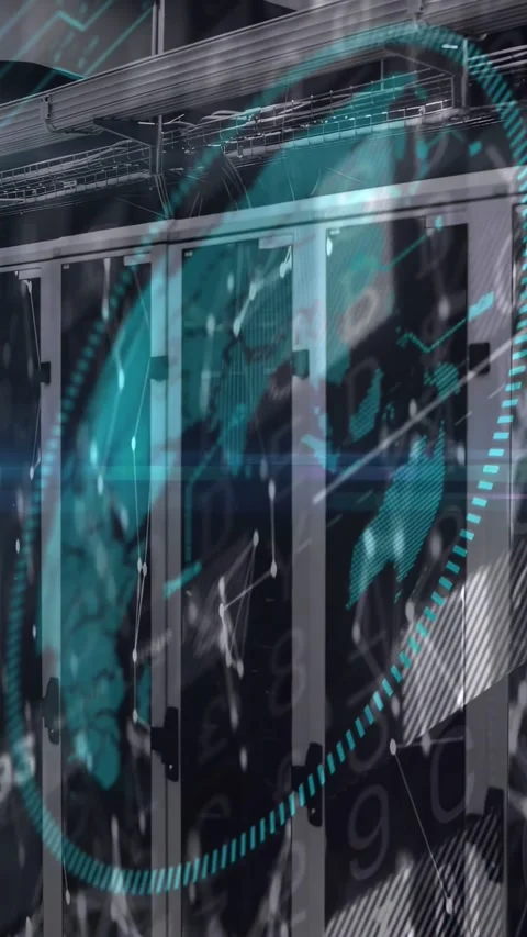 On play data center rack displaying rotating ring, map emerging, nodes drifting, Stock Footage 332644531