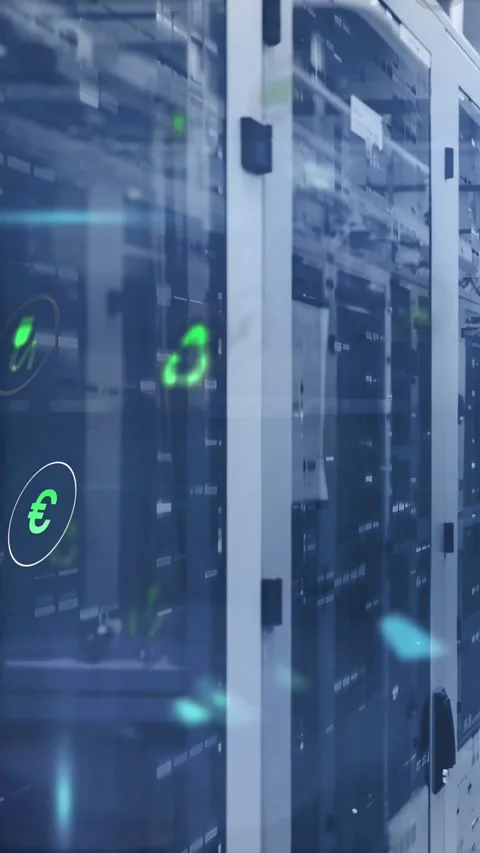 On play, data center racks showing holographic icons drifting across glass, Stock Footage 332775342
