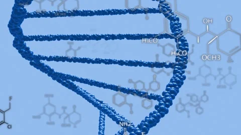 On play DNA double helix rotating and shifting while labels fading to visualize Stock Footage 334013748
