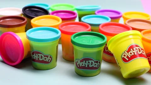 Play-Doh Containers With Different Color. Play-Doh Is Manufactured By Hasbro. Do Stock Footage 158900279
