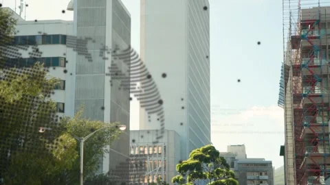 On play, dot globe overlay shifting, rotating; dots drifting; code scrolling, Stock Footage 333594991