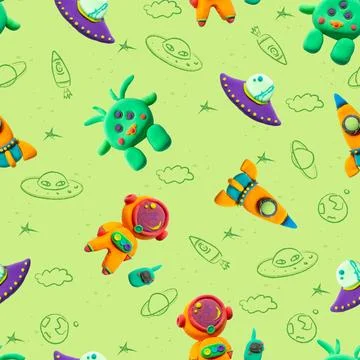 Play dough Alien and Spaceman. Bright Cosmic Illustration. Handmade clay plas Stock Illustration