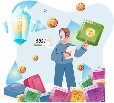 Play to earn games created on basis of blockchain project with elements of NFT Stock Illustration