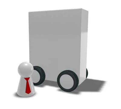 Play figur with tie and box on wheels - 3d illustration 스톡 일러스트